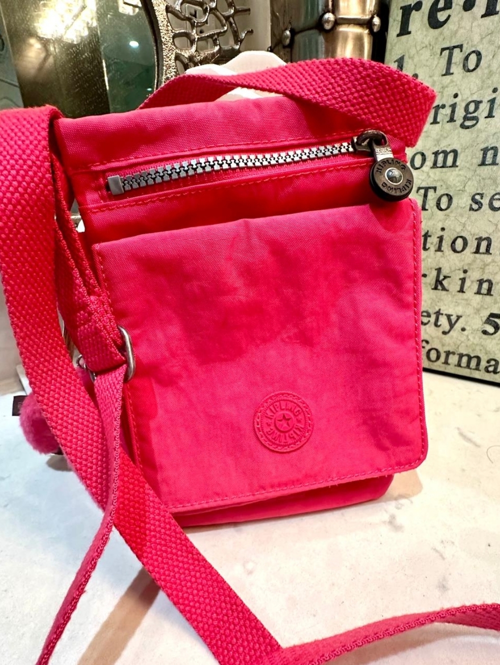 Kipling Bright Pink Crossbody with Embossed Logo